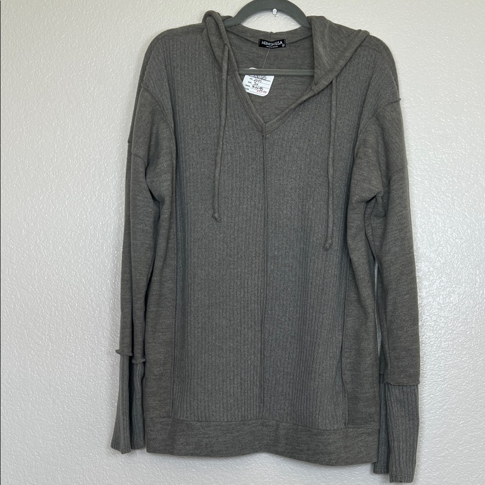 Hannah Pullover Hoodie - Gray Ribbed V-Neck Sweater